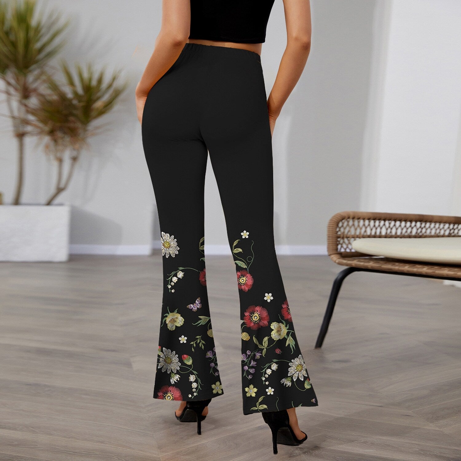 Premium Floral Print Flare Pants - Black & Multi Color