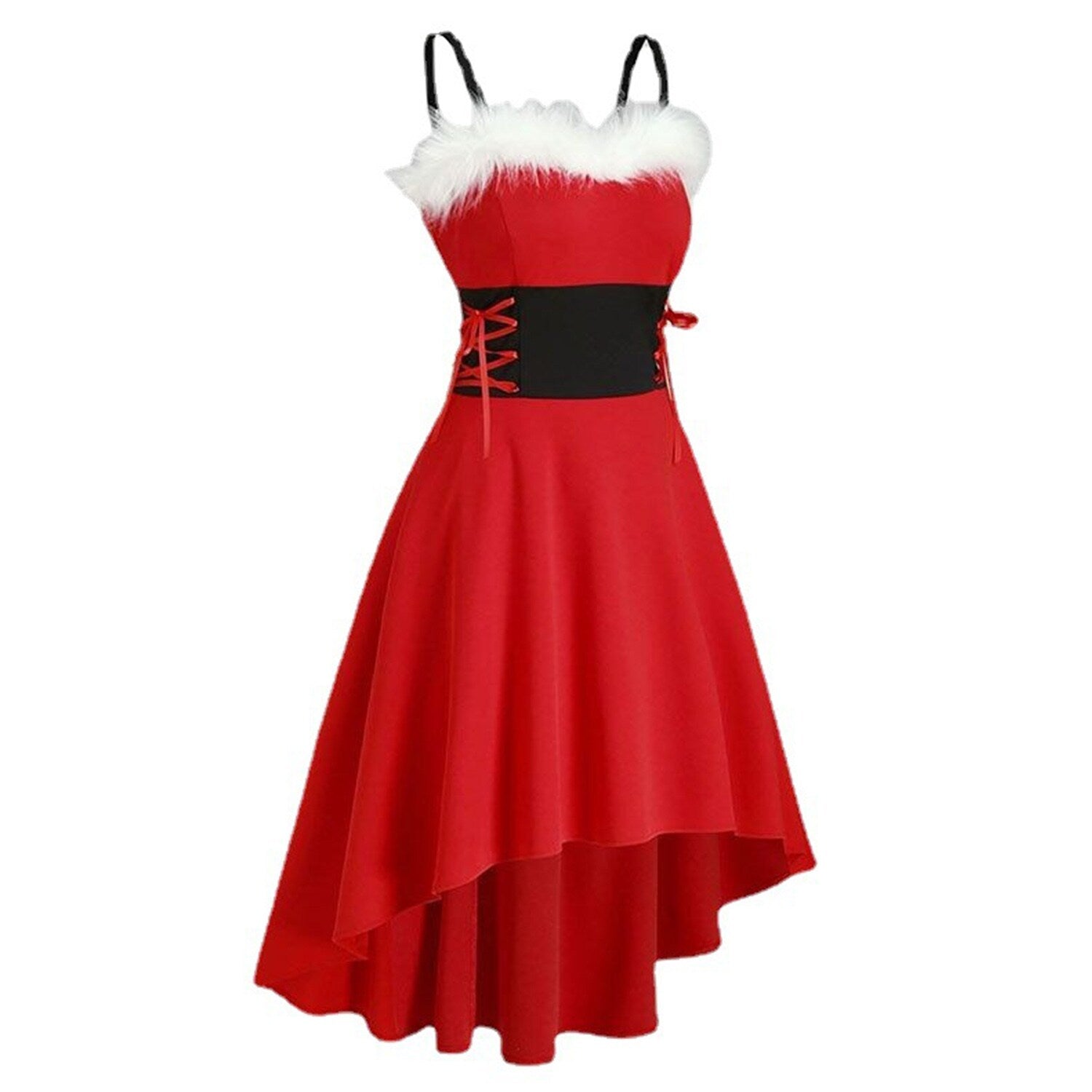 Premium Red Hi-Low Christmas Party Dress with Wide Straps