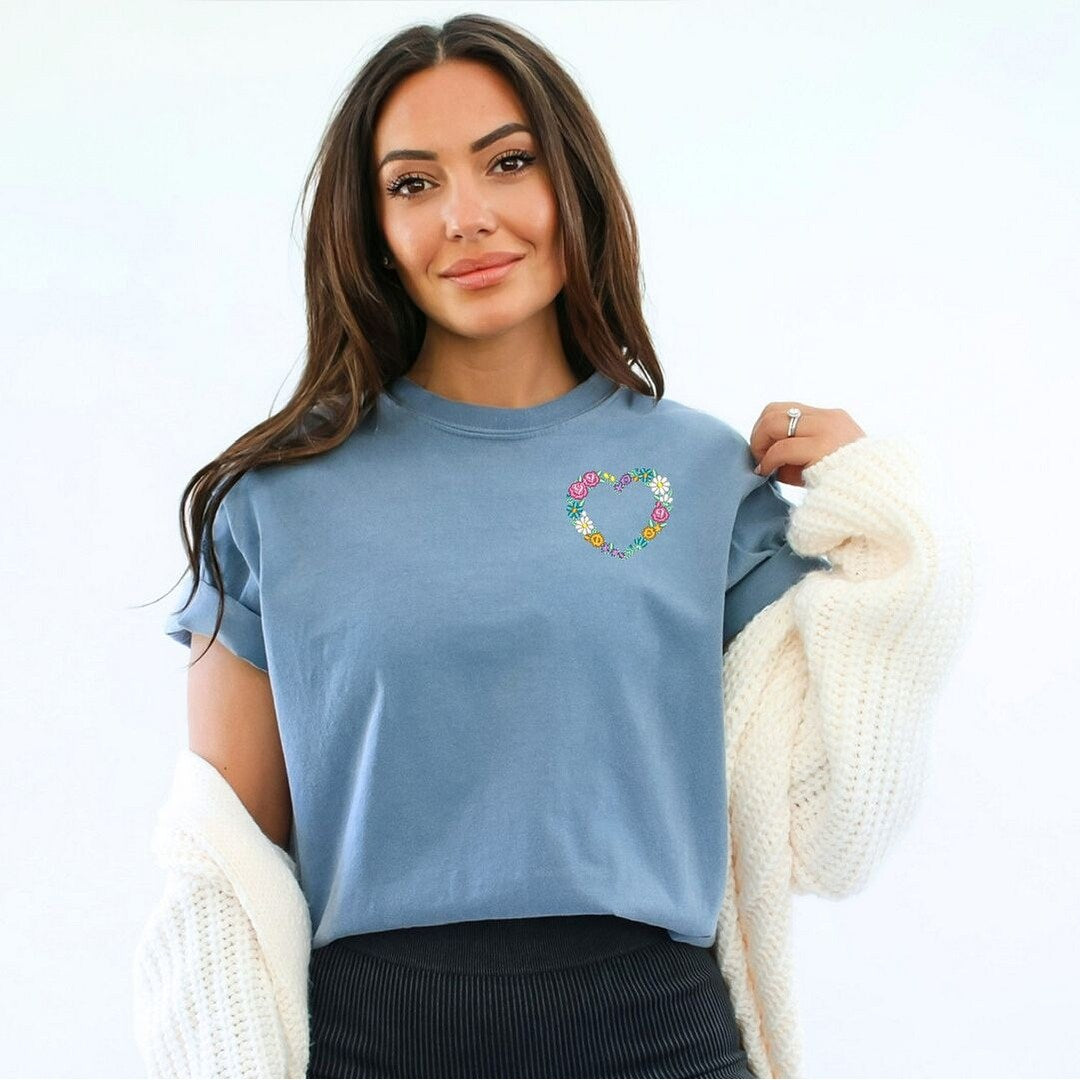 Premium Embroidered Floral Heart Tee - Vintage Soft Garment Dye