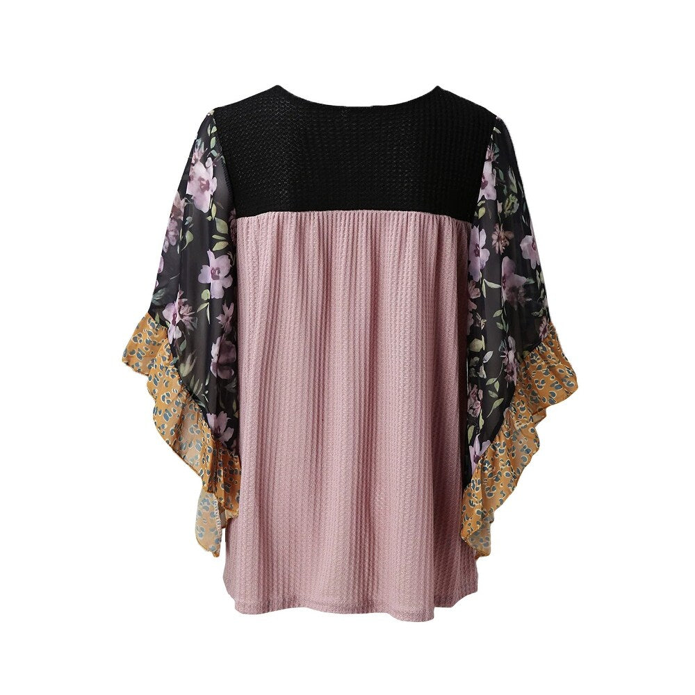 Premium Dusty Pink Floral Bat-Sleeve Top - Color-Block Waffle Design