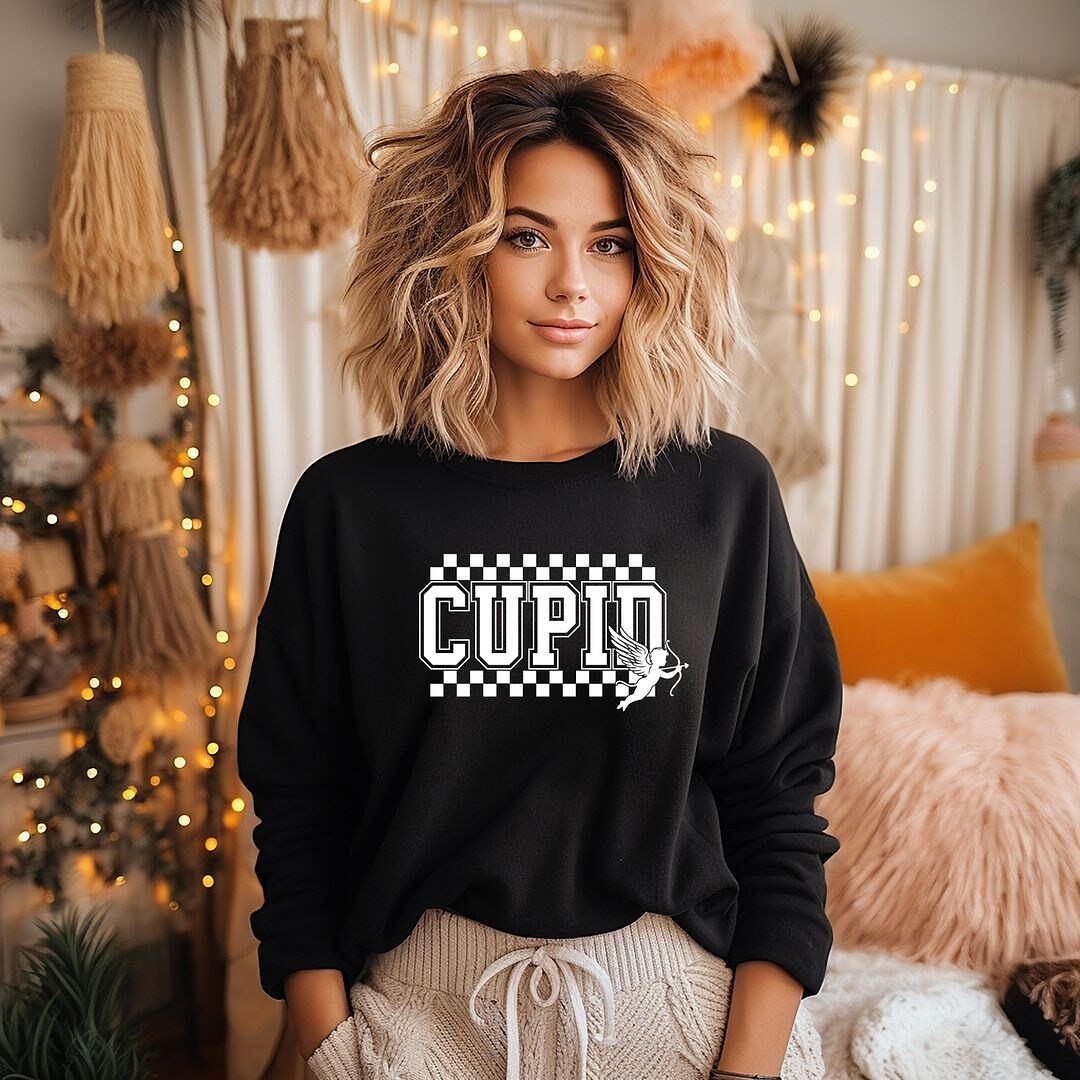 Premium Cupid Varsity Checkered Graphic Sweatshirt - Ultimate Comfort & Style