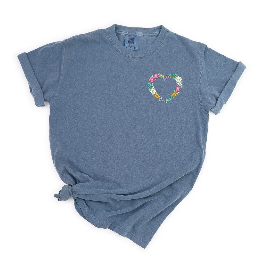 Premium Embroidered Floral Heart Tee - Vintage Soft Garment Dye